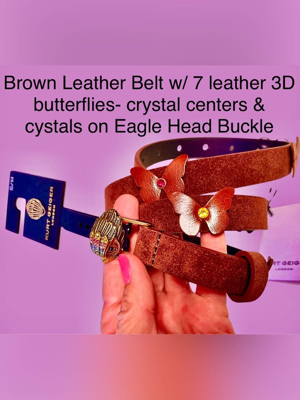 Kurt Geiger RP$105. NWT Leather Belt S/M Crystal Eagle Head &7 3D Butterflies